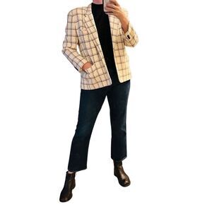 Vintage 90s Plaid Windowpane Blazer Academia Boxy Ivory Navy blue Red 12 P L USA